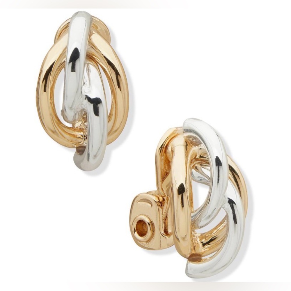 NWT Anne Klein Two-Tone Twist Knot Clip-on Button Earrings - Gold/silver